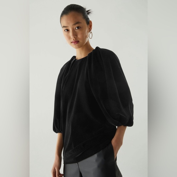 COS Velvet Puff-Sleeved Top Black Size 10 - Picture 2 of 12
